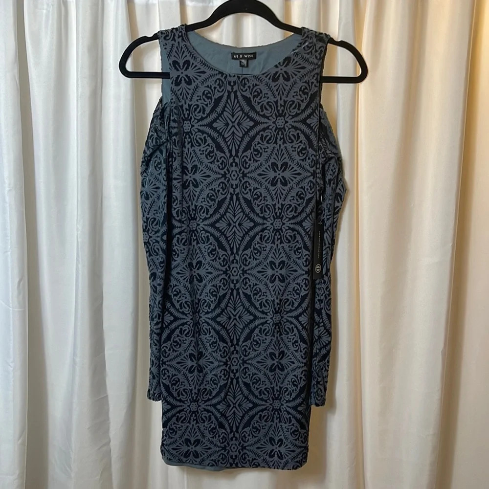 As U Wish Mini Dress Blue Gray Velvet Long Sleeve Cold Shoulder Junior S